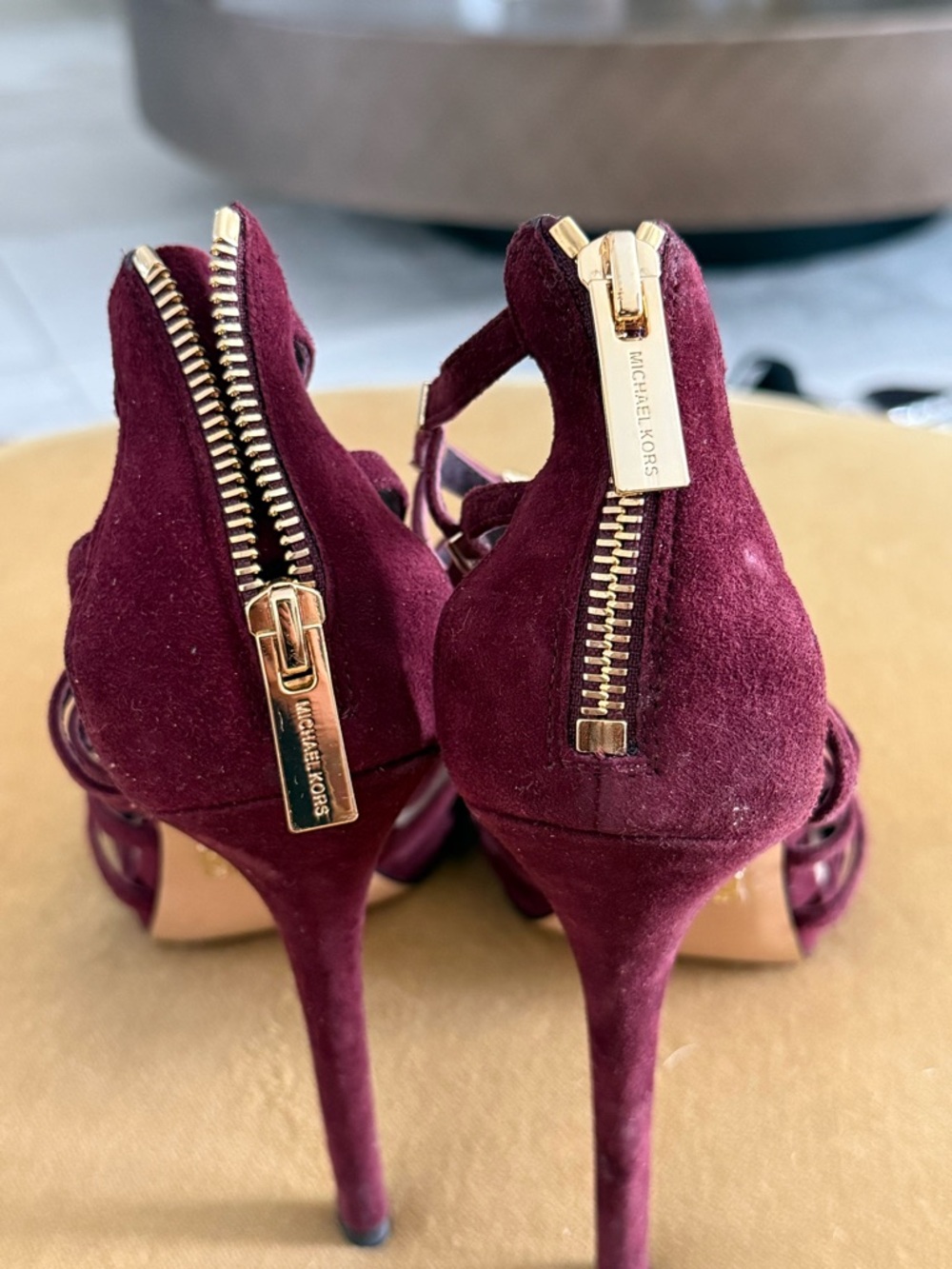 Michael Kors Burgundy Suede Cage Pointed-Toe Heels with Gold Accents - Picture 5 of 7